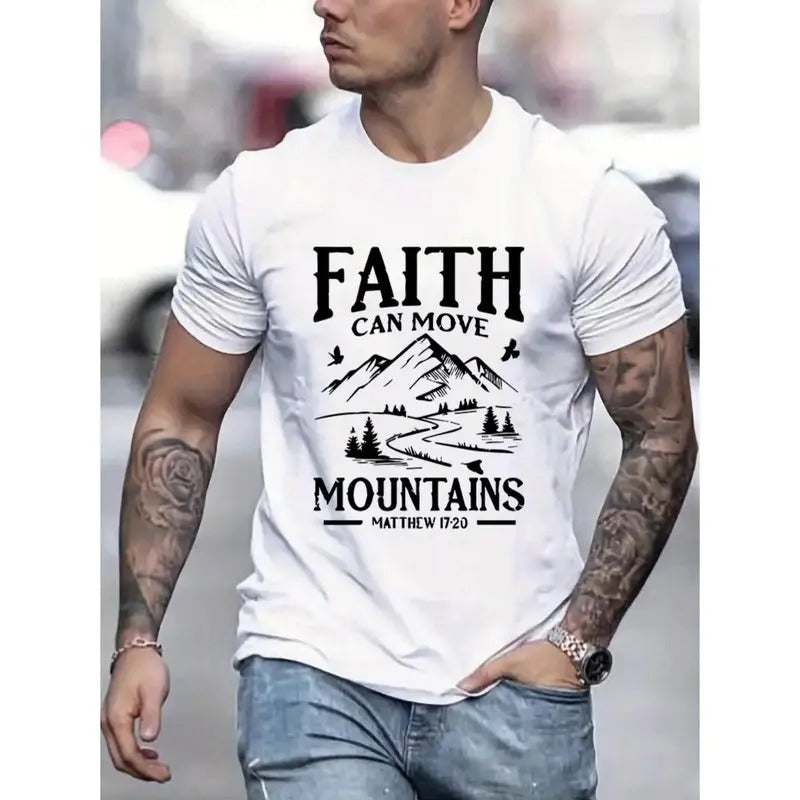 FAITH MOUNTAINS Graphic T-Shirt for Men - Bold Print, Lightweight & Breathable, Casual Crew Neck Tee - Perfect Summer Style for Outdoor Adventures Made in USA