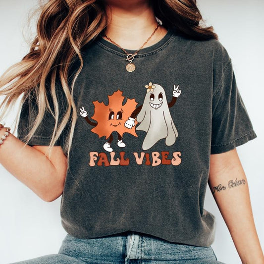 FALL VIBES LEAF AND GHOST SHIRT (COMFORT COLORS T-SHIRT, CAUSAL SHIRT UNISEX, FALL CLOTHING, GRAPHIC APPAREL) Cotton Fabric