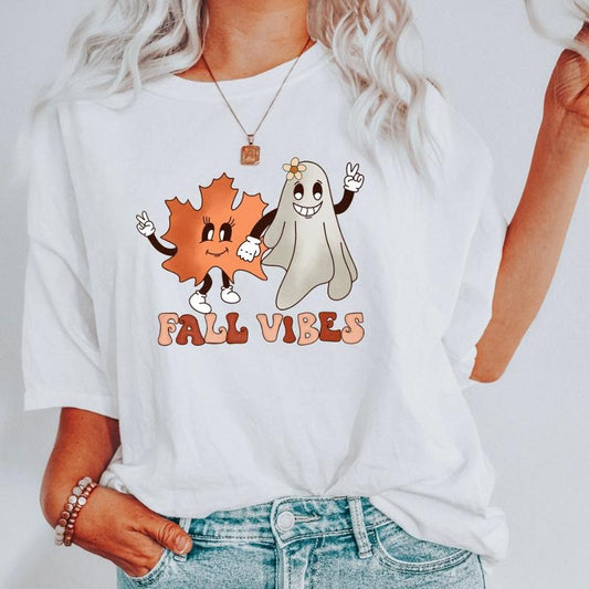 FALL VIBES LEAF AND GHOST SHIRT (COMFORT COLORS T-SHIRT, CAUSAL SHIRT UNISEX, FALL CLOTHING, GRAPHIC APPAREL) Cotton Fabricstyle{n002}2