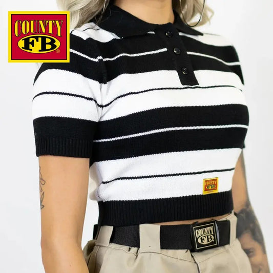 FB COUNTY Women's Charlie Brown Crop Top Shirts FB COUNTY Casual Short Sleeve Button Up Striped Shirt Two Toned Polo Top Stylish Hip Hop Harem