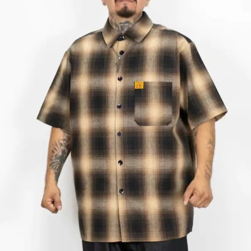 FB County Men's Checker Short Sleeve Shirt with Pocket - Hip Hop Style Casual Collared Button Up Loose Fit - Top