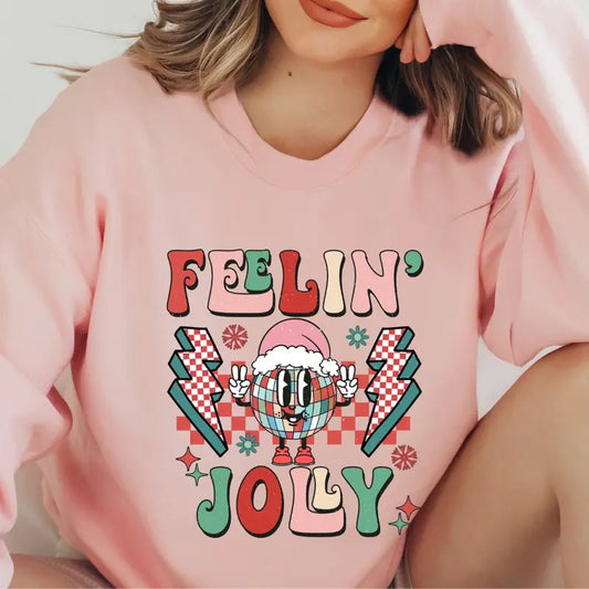 FEELIN JOLLY CREWNECK ( CHRISTMAS CREWNECK HOLIDAY CREWNECK SWEATSHIRT, RUNS TRUE TO SIZE GO UP ONE SIZE FOR THE OVERSIZED LOOK CASUAL WEAR HOLIDAY APPAREL) Womenswear Athletic