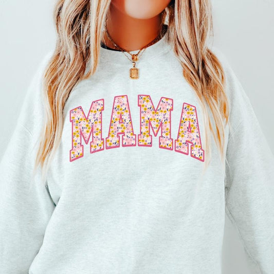 FLORAL MAMA VARSITY SWEATSHIRT (Crewneck Sweatshirt, Unisex Fit, Causal Sweatshirt for Christmas, Christmas Holiday Sweatshirt) Cotton Oversized Womenswear Garment Hoodie Sweaters Tops