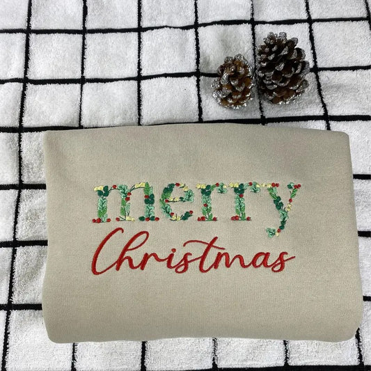 FLORAL Merry Christmas sweatshirt embroidered - Christmas embroidered sweatshirt - Merry Christmas Gifts