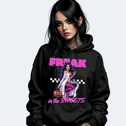 FREAK IN THE SHEETS SPOOKY Long Sleeve Crewneck Sweatshirt T Shirt or Hoodie Casual Poly Cotton Blend Graphic Design Unisex Fit Pullover Top Gothic Womenswear Comfy Statement Style