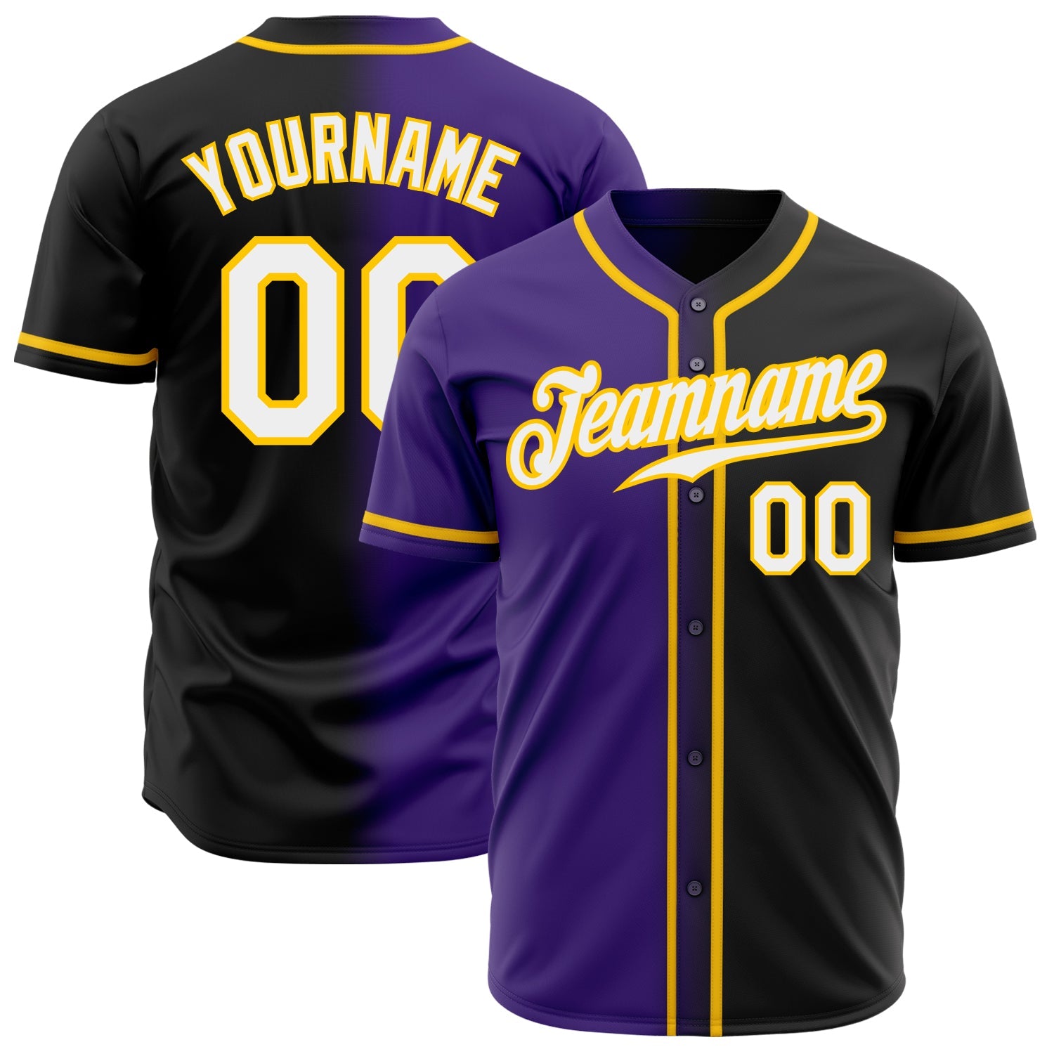 Custom Black White Purple-Gold Authentic Gradient Fashion Baseball Jersey