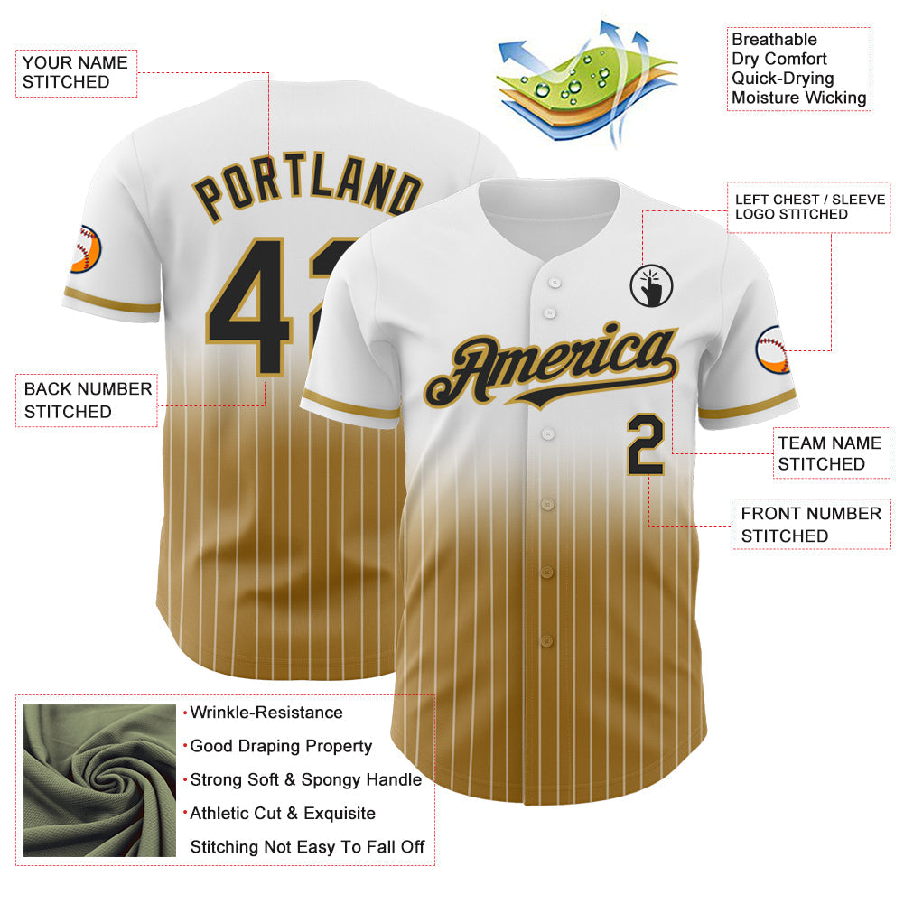 Custom White Pinstripe Black-Old Gold Authentic Fade Fashion Baseball Jersey