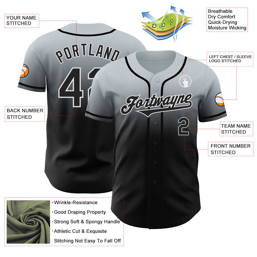 Custom Silver Black-White Authentic Fade Fashion Baseball Jersey
