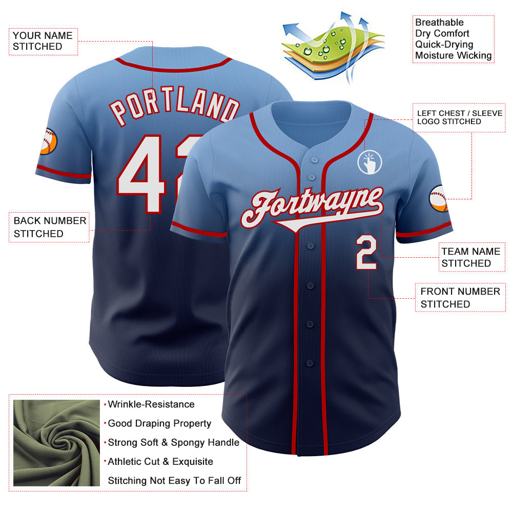Custom Light Blue Navy-Red Authentic Fade Fashion Baseball Jersey