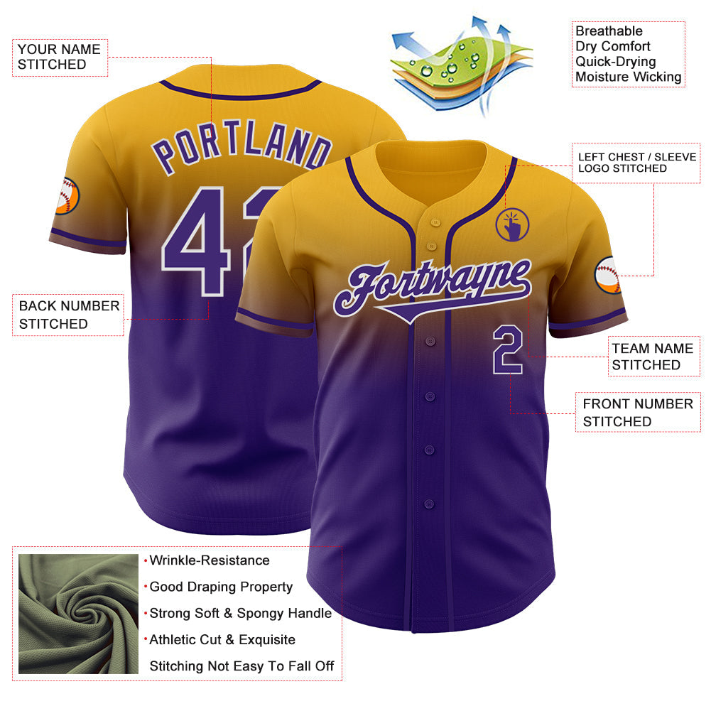 Custom Gold Purple-White Authentic Fade Fashion Baseball Jersey