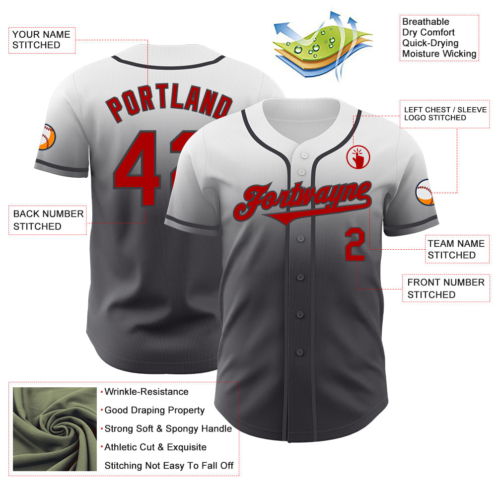 Custom White Red-Steel Gray Authentic Fade Fashion Baseball Jersey