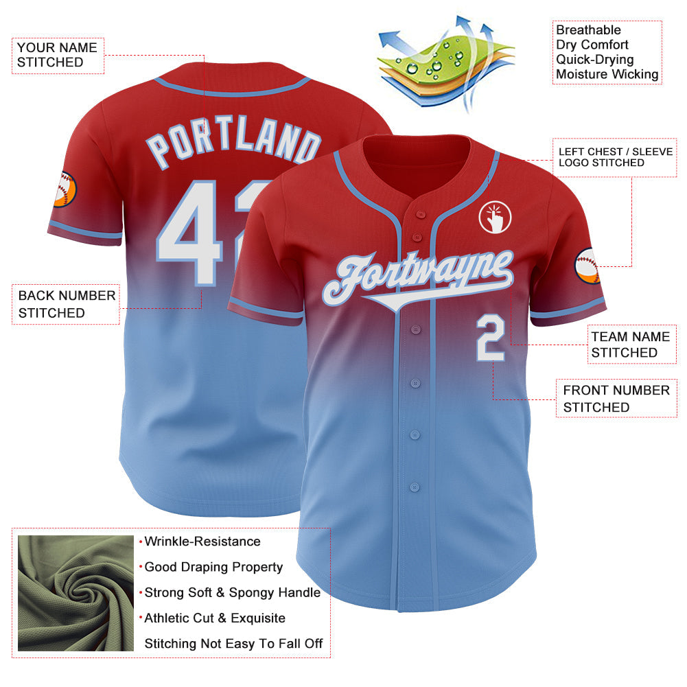 Custom Red White-Light Blue Authentic Fade Fashion Baseball Jersey