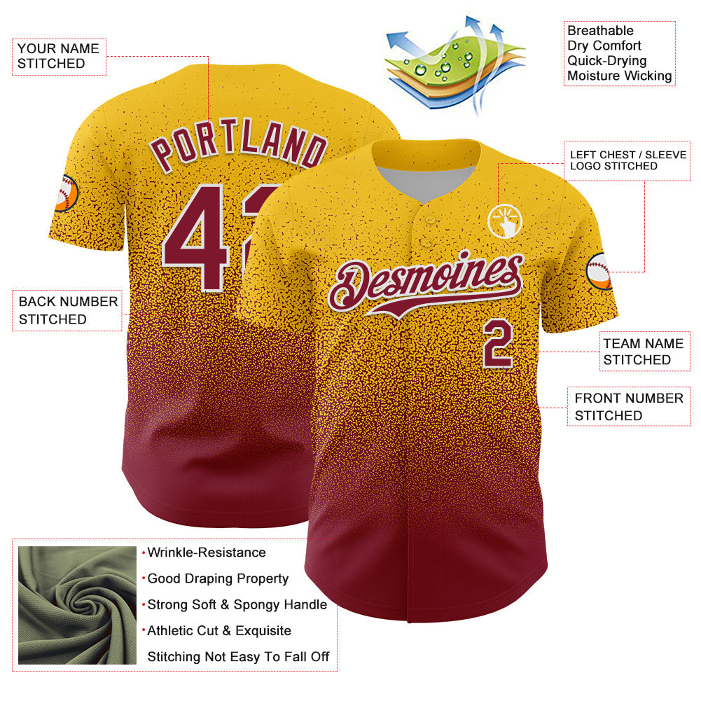 Custom Yellow Crimson-White Fade Fashion Speckle Authentic Baseball Jersey