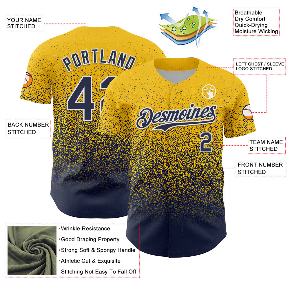 Custom Yellow Navy-White Fade Fashion Speckle Authentic Baseball Jersey