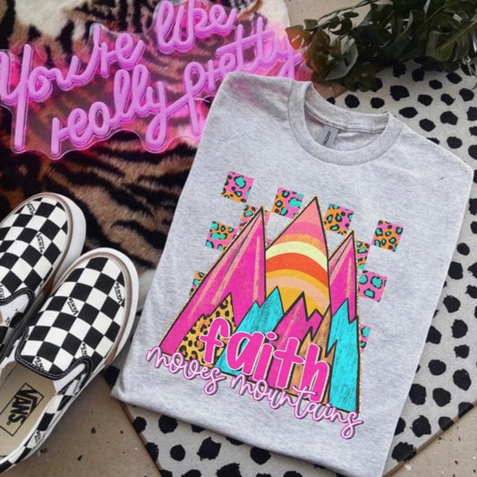 Faith Can Move Mountains with Checkered Ash Grey T-Shirt - Bleached - Gildan - Unisex