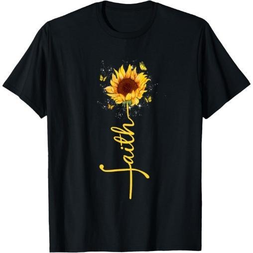 Faith Cross Sunflower Butterflies Flowers Christians Flora T-Shirt Made in USA