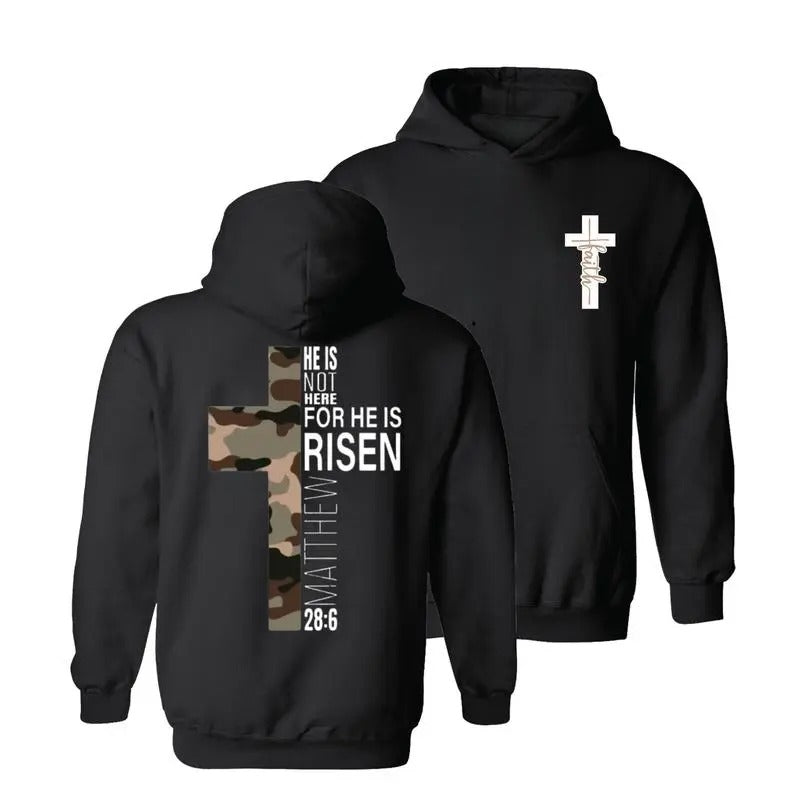 Faith Hoodie, He Is Risen Christian Easter Bible Verse Brown Camo Cross Hoodie, Camo Cross Design with Philippians Verse, Cozy Hoodie for Men, Women