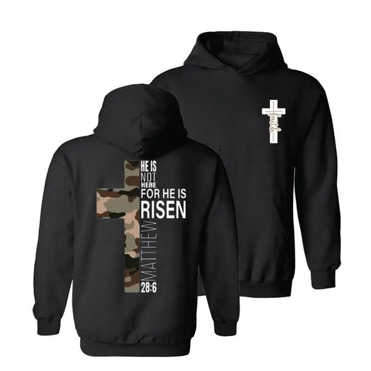 Faith Hoodie, He Is Risen Christian Easter Bible Verse Brown Camo Cross Hoodie, Camo Cross Design with Philippians Verse, Cozy Hoodie for Men, Women