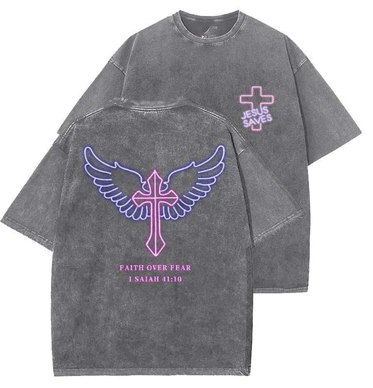 Faith Over Fear Unisex Washed T-Shirt, Christian Tshirts, Vintage 90s Graphic Tee, Gift Top Womenswear Cotton Mineral Colorstyle{n002}2