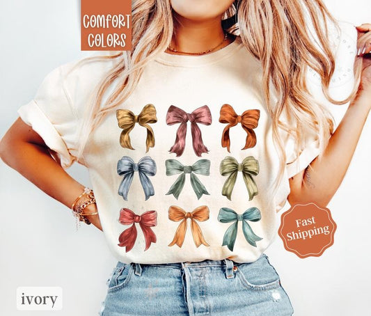 Fall Bow Shirt Comfort Colors,  Autumn Women's Tshirt, Fall Oversized Womens Tshirts fall coquette