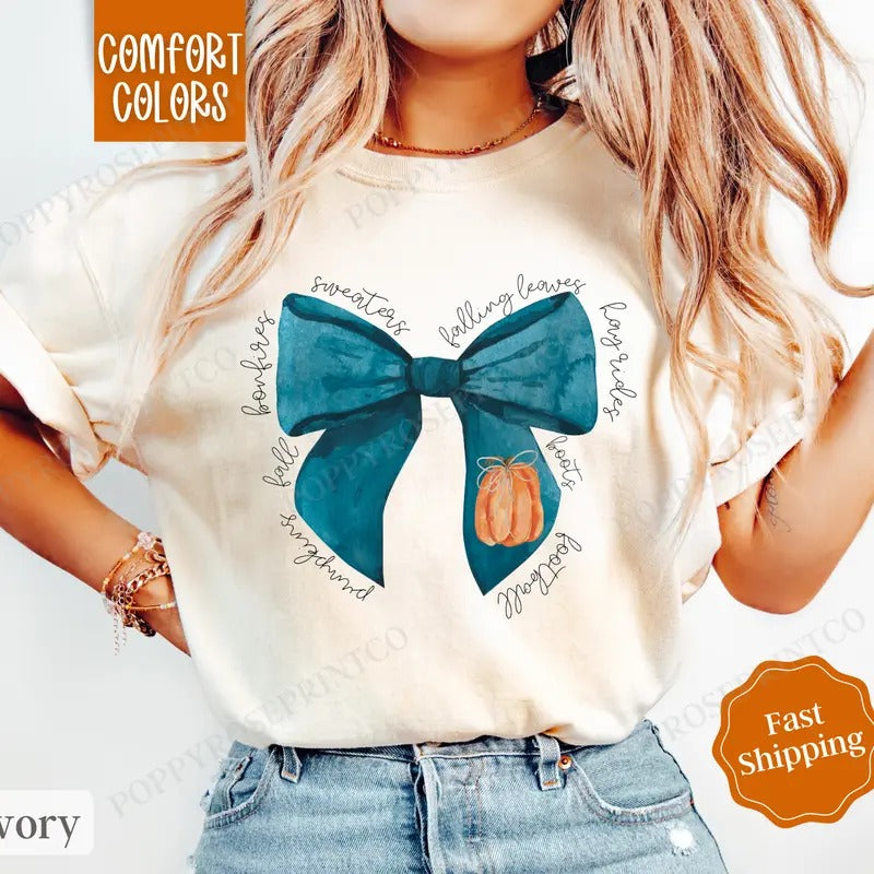 Fall Bow Shirt Comfort Colors, Pumpkin Season Shirt, Fall Womenswear Oversized Crewneck fall coquette
