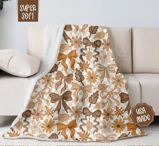 Fall Bows Blanket Cozy Halloween Throw 100% Cotton Woven or Fleece Back Velvet Plush for Autumn Home Decor Made in USA