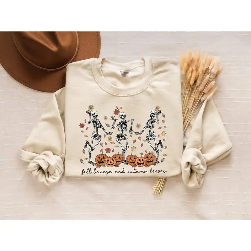 Fall Breeze And Autumn Leaves Sweatshirt Halloween Sweatshirt Dancing Skeletons Hoodie Spooky Fall Sweatshirt Pumpkin...