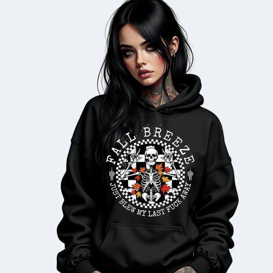 Fall Breeze Just Blew My Last F Uck Away Graphic Hoodie Unisex Crewneck Sweatshirt Casual Poly Cotton Blend Top for Women Gothic Style