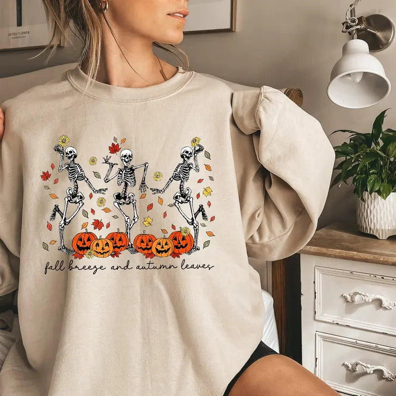 Fall Breeze and Autumn Leaves Sweatshirt, Skeleton Halloween Sweatshirt, Dancing Skeletons Shirt, Spooky Fall Sweatshirt, Fall Pumpkin Sweatshirt