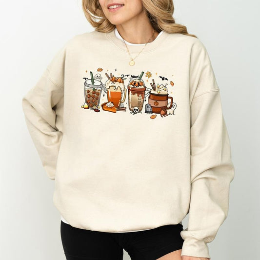 Fall Coffee Pumpkin Vintage Graphic Sweatshirt, Cute Fall Drinks Crewneck, Halloween Coffee Latte Sweatshirt, Pumpkin Spice Sweater, Spooky Vibes Sweatshirt, Comfy Long Sleeve Pullover, Cute Women's Tops, Fall Casual Womenswear, Comfort Fabric Cotton Top
