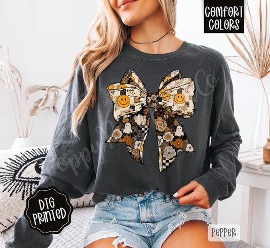Fall Collage Bow Long Sleeve TShirt, Trendy Women's Autumn Tee