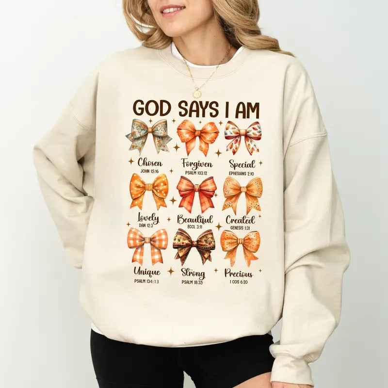 Fall Coquette Bow God Says I Am Sweatshirt, Vintage Christian Sweatshirt, Religious Crewneck, Autumn Coquette Bow Sweater, Bible Verse Sweatshirt For Women, Comfy Long Sleeve Pullover, Cute Women's Tops, Fall Casual Womenswear, Comfort Fabric Cotton Top