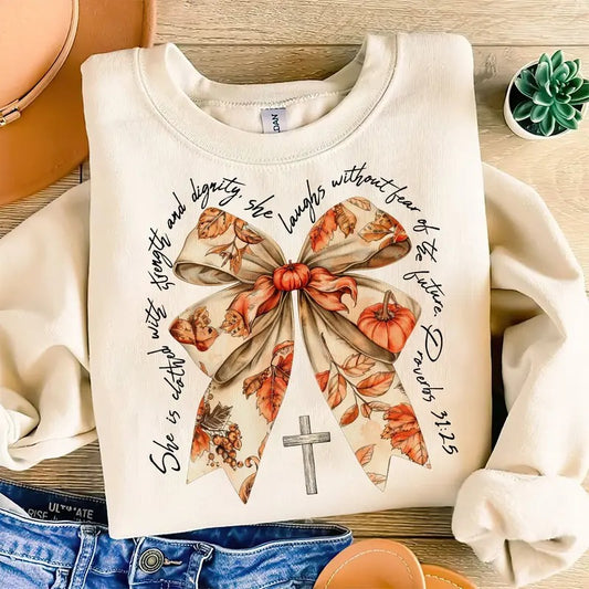 Fall Coquette Bow Sweatshirt, Fall Jesus Shirt, Proverbs She is Clothed with Strength Coquette Bow Fall Vibes Sweatshirt, Fall For Jesus Sweater, Autumn Fall Sweatshirt, Thanksgiving Shirt