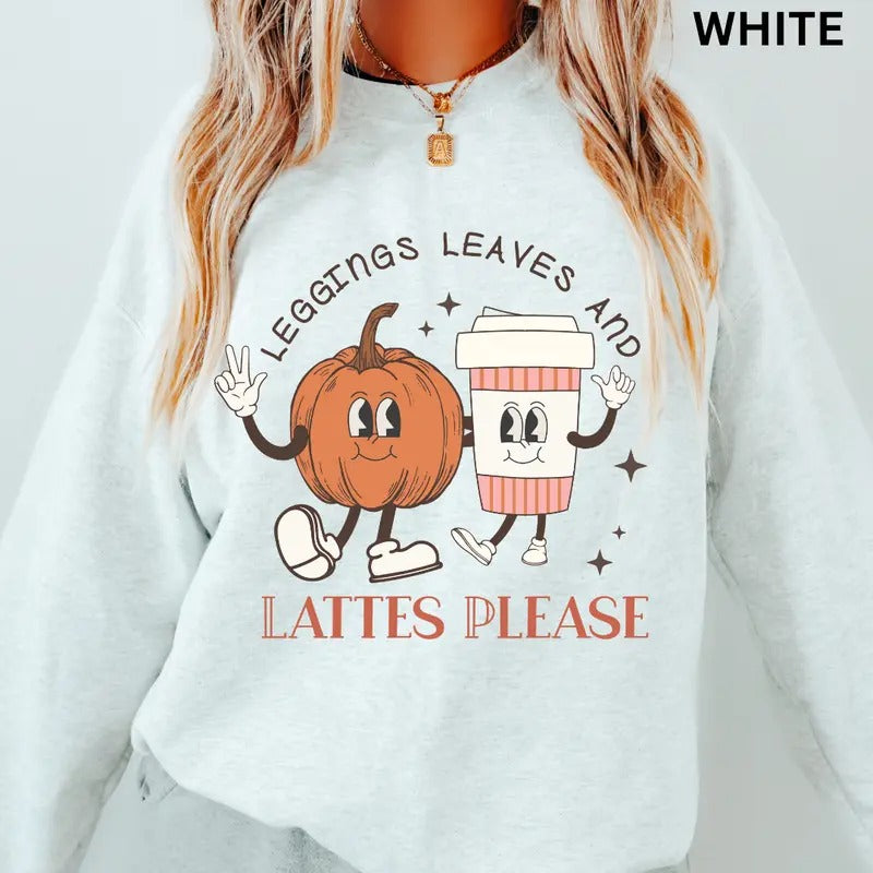 Fall Crewneck Sweatshirt, Leggings Leaves and Lattes Please, Fall Crewneck, Retro Sweatshirt Graphic Oversized Halloween Graphic Crewneck, Cotton Pullover Spooky Season Sweater