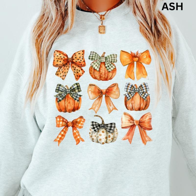 Fall Crewneck, Pumpkins and Bows Sweatshirt, Vintage Fall Sweatshirts, fall Crewnecks, fall sweaters, first day of school outfit, trending T-shirt, Casual, Womenswearstyle{n002}2