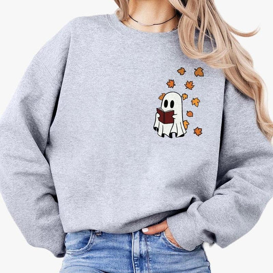 Fall Ghost Book Comfort Shirt, Ghost Reading Book Under Fall Leaves, Spooky Season Tee, Cute Ghost Shirt, Book Lover Halloween Sweatshirt, Bookworm Fall Tee, Boo Reading Shirt, Bookish Shirt, Fall Women Top