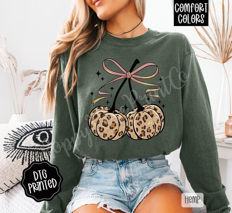 Fall Leopard Cherries Comfort Colors Long Sleeve T-Shirt, Cute Women's Autumn Tee