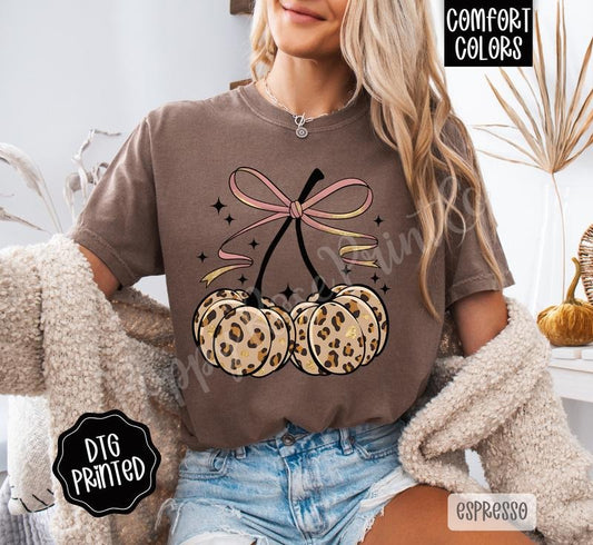 Fall Leopard Cherries Shirt Comfort Colors, Trendy Autumn Bow Tshirt