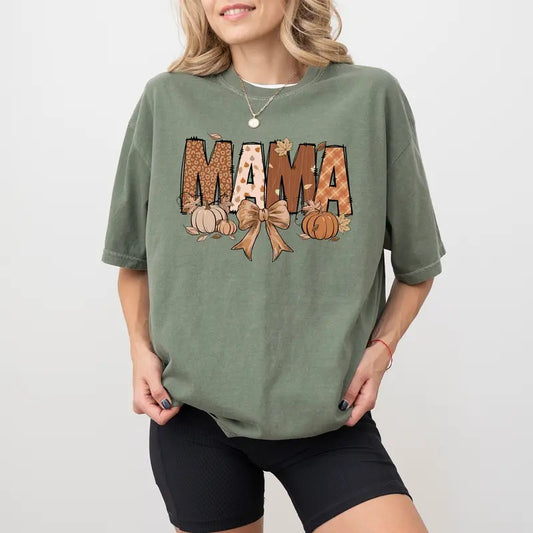 Fall Mama Shirt Comfort Colors, Vintage Coquette Bow Tee For Mom, Pumpkin Mama T-shirt, Autumn Mommy Tshirt, Cute Fall Bow Mama Tee, Spooky Season Outfits, Unhinged Casual Womenswear, Oversized Women's Tops, Comfy Cotton Fabric Relaxed Fit Chic Style