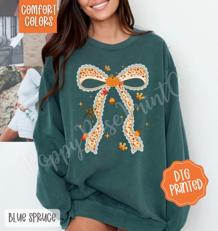 Fall Pumpkin Bow Comfort Colors Sweatshirt, Trendy Coquette Autumn Crewneck