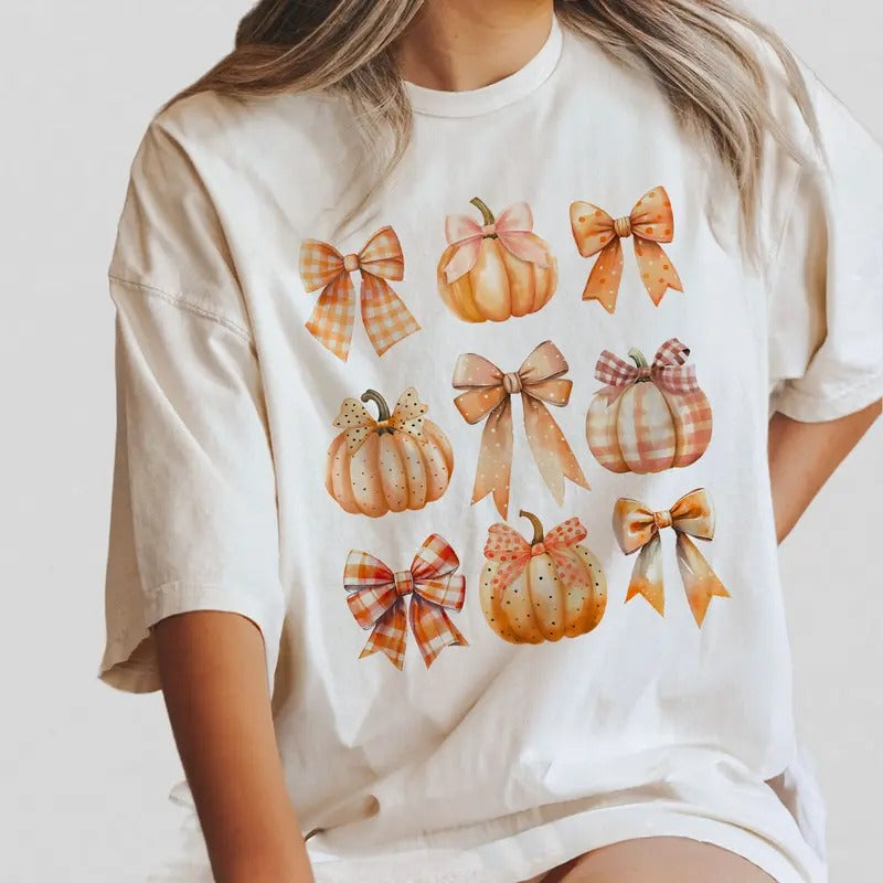 Fall Pumpkin Bow Shirt, Fall Coquette Bow Sweatshirt, Autumn Pumpkin Tee, Fall T-Shirt , Autumn Bow Shirts, Comfort Tee for Women, Fall Pumpkin Shirt, Thankfull Sweatshirt for Her, Coquette Bow Aesthetic, Cute Autumn Shirt, Thanksgiving Tee, Women Top