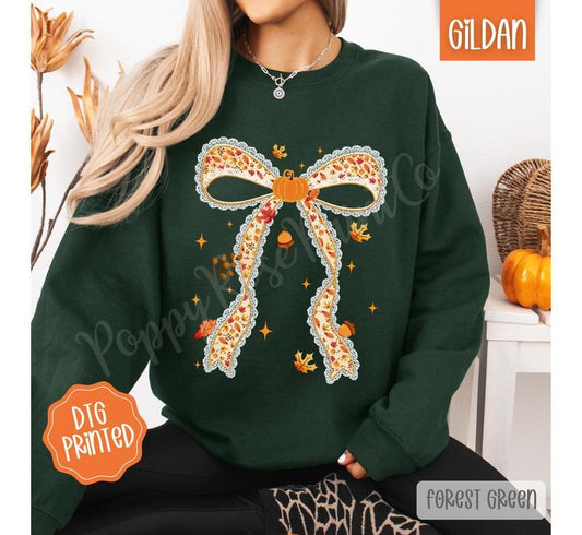 Fall Pumpkin Bow Sweatshirt, Trendy Coquette Autumn Crewneck T-Shirts, Hoodie | WearSparks.com