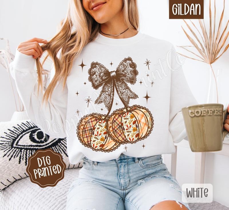 Fall Pumpkin Cherries Sweatshirt, Trendy Autumn Bow Crewneck