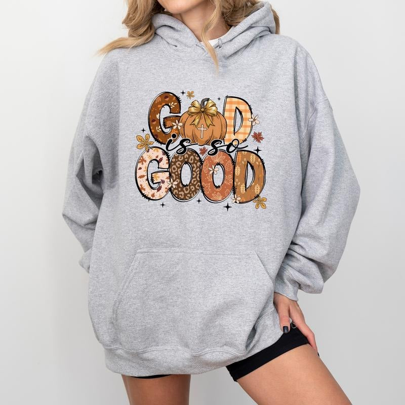 Fall Pumpkin God is So Good Hoodie, Vintage Autumn Christian Hoodies, Fall Vibes Hooded Sweatshirt for Women, Bible Verse Tops, Jesus Apparel, Comfy Long Sleeve Pullover, Soft Cotton Fabric Womenswear