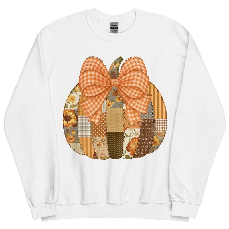 Fall Pumpkin Patchwork Sweatshirt ~ Autumn Unisex Apparel Relaxed Fit Printed In The USA Clothing Womenswear Casual Comfort Cotton Top Athletic Boho Chic garment-dyed heavyweight Crewneck