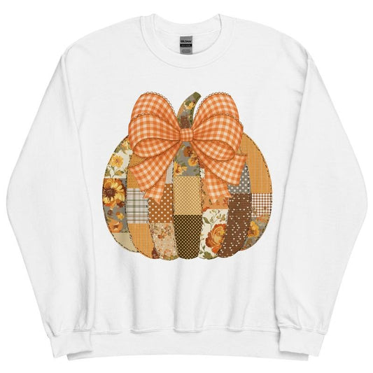 Fall Pumpkin Patchwork Sweatshirt ~ Autumn Unisex Apparel Relaxed Fit Printed In The USA Clothing Womenswear Casual Comfort Cotton Top Athletic Boho Chic garment-dyed heavyweight Crewneck