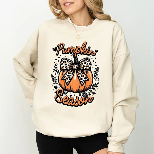 Fall Pumpkin Season Sweatshirt, Coquette Bow Pumpkin Graphic Sweater, Leopard Bow Pumpkin Crewneck, Spooky Season Tops For Girls, Halloween Party Outfits, Oversized Long Sleeve Pullover, Fall Women's Tops, Casual Womenswear, Unhinged Fabric Cotton Top