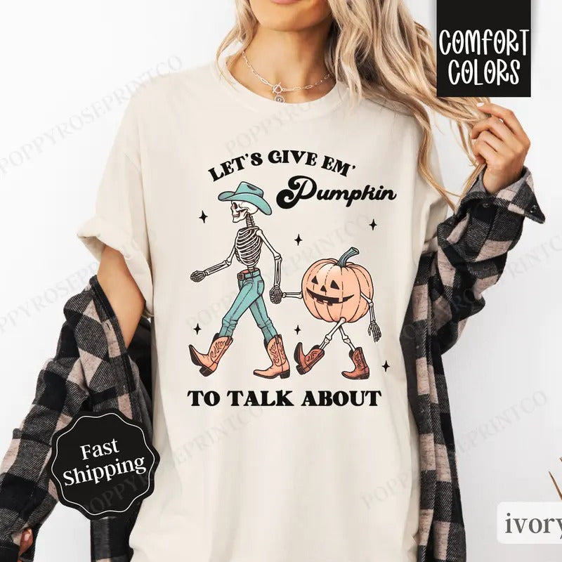 Fall Pumpkin Shirt Comfort Colors, Let's Give Em Pumpkin To Talk About Womens Shirt, Halloween Tee Womenswear Oversized Crewneck