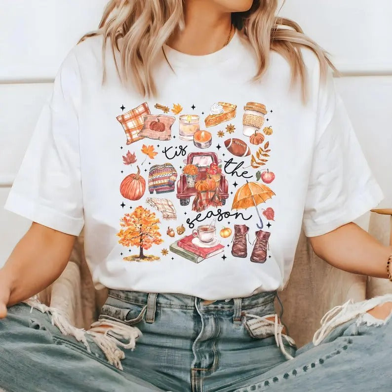 Fall Shirt - 'Tis the Season' Football Shirt, Women's Fall Tee, Perfect for Pumpkin Season and Fall Harvest, Autumn Doodle Design, Cozy and Stylish Shirt for the Fall Season