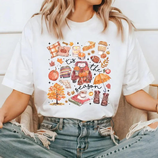 Fall Shirt - 'Tis the Season' Football Shirt, Women's Fall Tee, Perfect for Pumpkin Season and Fall Harvest, Autumn Doodle Design, Cozy and Stylish Shirt for the Fall Season